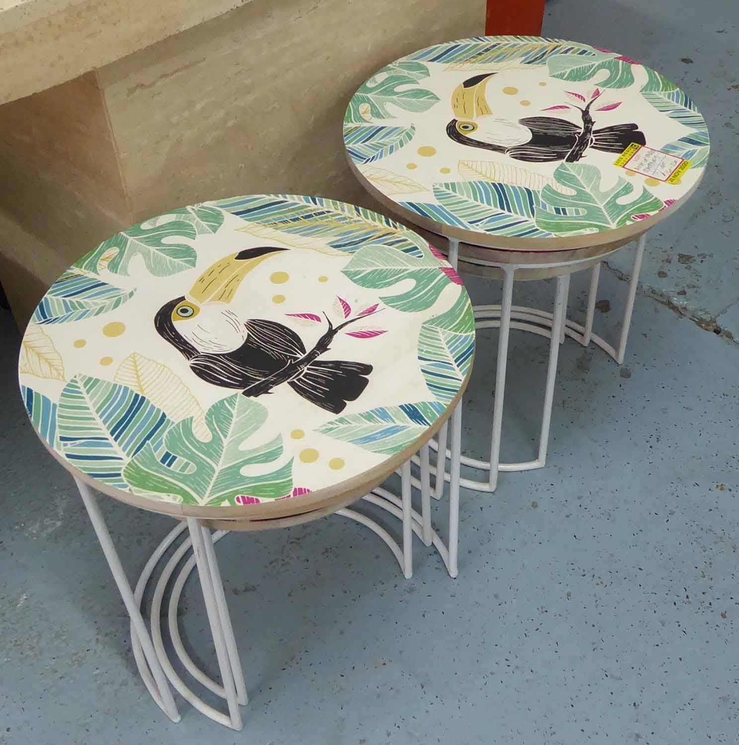 NEST OF TABLES, two sets of three, tropical print tops, 46cm x 42cm diam. (6) (slight faults) - Image 5 of 5