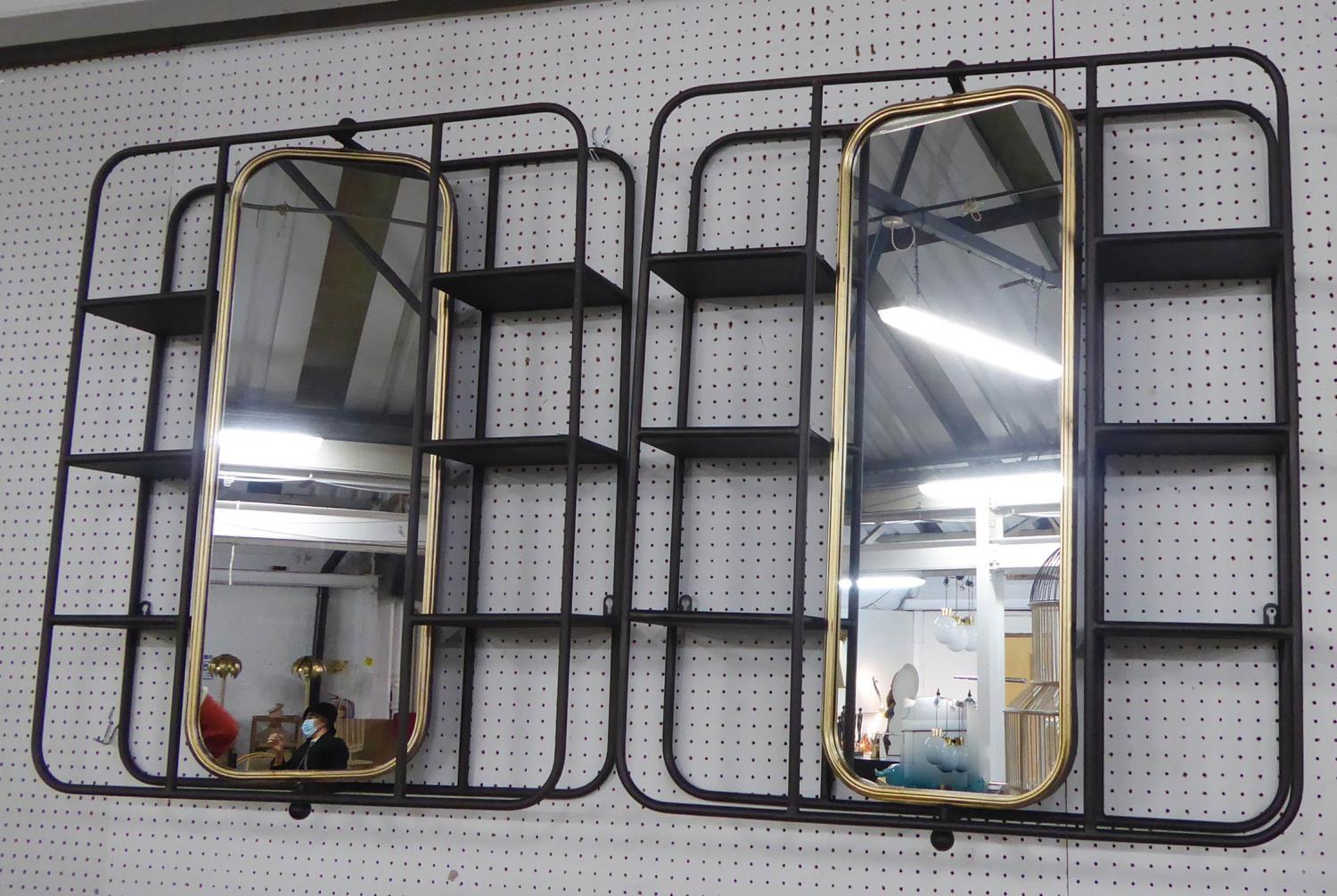 WALL HANGING VANITY MIRRORS, articulating mirror plate with shelves. (2)