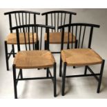 DANISH DINING CHAIRS, a set of four black painted and rush cord upholstered seats. (4)