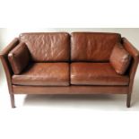 DANISH SOFA, 1970's Danish grained mid brown leather on teak supports, 150cm W.