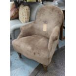 ARMCHAIR, contemporary brown fabric upholstered with button detail, 88cm H.
