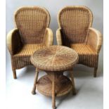 CANE ARMCHAIRS, a pair, arched back woven cane and bentwood together with a matcing circular