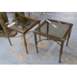 SIDE TABLES, a pair, Maison Jansen style, each with a square glass top joined by opposing curved