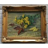 IVAN ARISTOV (Russian 1917-2002), ?Mimosa Branch?, 1965, oil on board, 28cm x 36cm, framed.