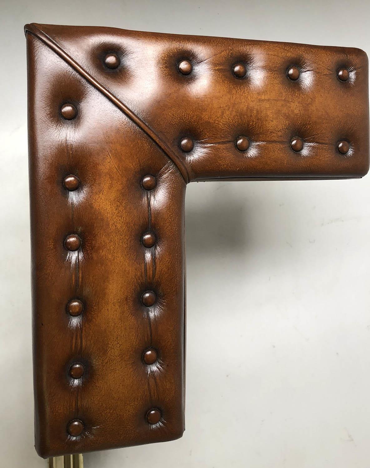 CLUB FENDER, Victorian style brass with buttoned brown leather pads and balustrade support, 140cm - Image 5 of 6