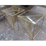 SIDE TABLES, a pair, helix design bases, gilt metal and glass, 52cm x 52cm x 52cm. (2)