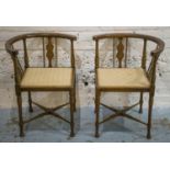CORNER CHAIRS, a pair, Edwardian beechwood with cream patterned padded seats, 59cm W. (2) (with