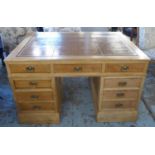 PARTNERS DESK, Victorian Neo Gothic design pale walnut and pitch pine with a rectangular tan leather