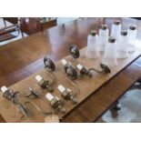 WALL LIGHTS, a set of six, brass with etched glass shades, single branch. (6) (with faults)