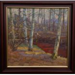 BORIS FAENKOV (Russian 1920-1999), ?Forest in Autumn?, 1963, oil on canvas, 36cm x 37cm, framed.