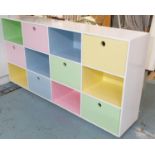 BANK OF DRAWERS, contemporary white with polychrome pastel detail, 45cm x 115cm H x 220cm L.