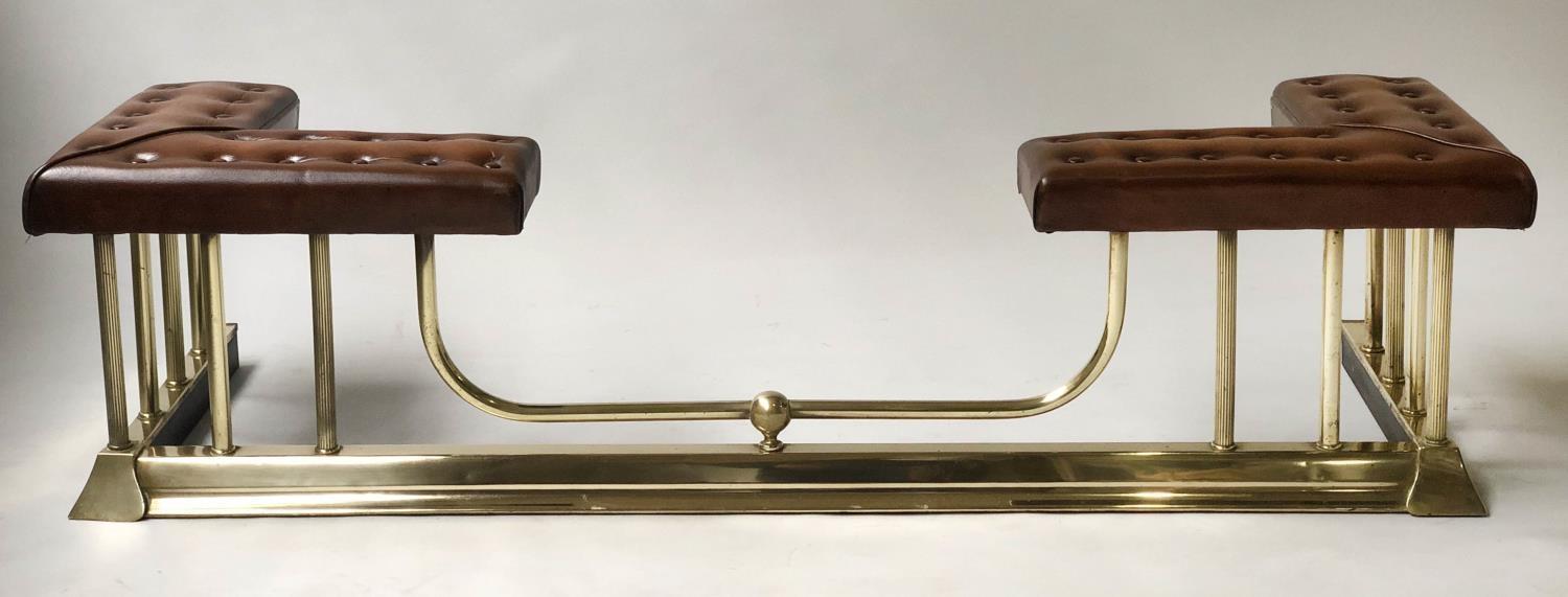 CLUB FENDER, Victorian style brass with buttoned brown leather pads and balustrade support, 140cm - Image 6 of 6