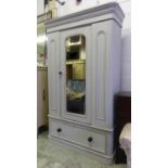 WARDROBE, Victorian in a later distressed grey painted finish with a mirrored door over a drawer,