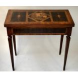 ITALIAN CARD MARBLE, 19th century rosewood and walnut with framed marquetry landscape foldover baize