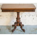 TEA TABLE, Victorian mahogany, circa 1840, with foldover top on pedestal and brass castors, 76cm H x