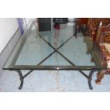LOW TABLE, the glass top on a metal base, 110cm D x 45cm H x 150cm L.