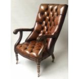 SLIPPER ARMCHAIR, Regency style mahogany with button upholstered hand dyed shaded tobacco brown