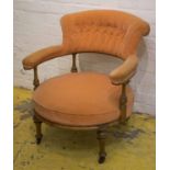 ARMCHAIR, Victorian walnut in salmon pink velvet on castors, 71cm H x 63cm W. (slight faults)