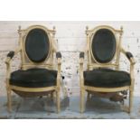 FAUTEUILS, a pair, late 19th century French painted in velvet upholstery, 59cm W. (2) (with faults)