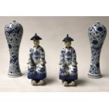 ANCESTRAL FIGURES, a pair, Chinese blue and white ceramic together with a pair of vases, figure 27cm
