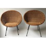 ITALIAN 'BASKET' ARMCHAIRS, a pair, wicker bound with blue metal splay capped supports. (2)