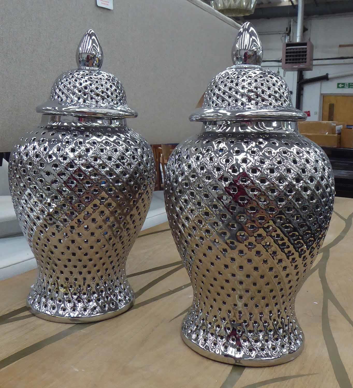 TEMPLE JARS, a pair, with covers, contemporary perforated ceramic design, 64cm H. (2)