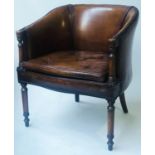 LIBRARY/DESK ARMCHAIR, George III design hand dyed and brass studded leaf brown leather with