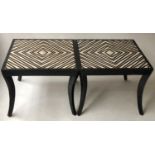 PIETRA DURA TABLES, a pair, Italian black marble and travertine veneered, 70cm x 70cm x 56cm. (2)