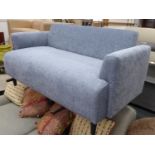 SOFA, contemporary blue fabric upholstered, ebonised feet, 145cm W approx.