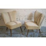 BOUDOIR CHAIRS, a pair, circa 1950, beechwood in modern striped oatmeal upholstery, 72cm H x 60cm W.