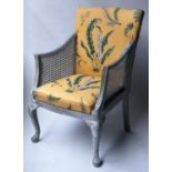 BERGERE, Edwardian cane panelled with upholstered seat and back now silver grey painted, 59cm W.