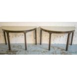 DEMI LUNE SIDE TABLES, a pair, George III and later mahogany with painted tops, 74cm H x 129cm x
