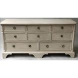 LOW CHEST, Georgian style traditionally grey painted and silver metal mounted with eight drawers,