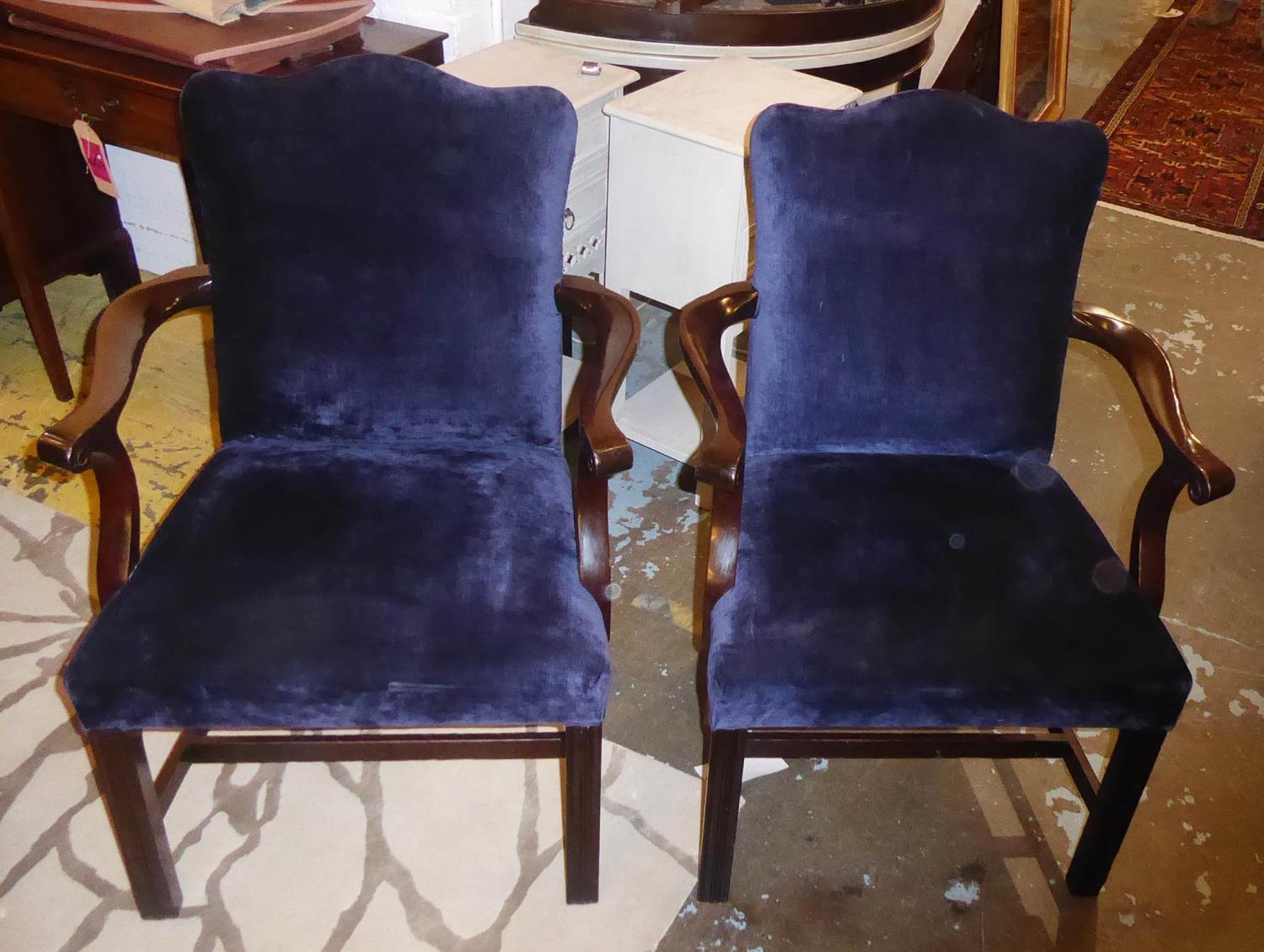 DINING CHAIRS, a set of twelve, early 20th century mahogany framed with indigo velvet upholstery