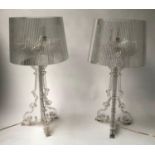 KARTELL BOURGIE LAMPS, a pair, by Ferrucio Laviani, lucite and scroll framed with ridged conical