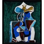 PABLO PICASSO 'Femme', signed in the plate, large silk scarf, 113cm x 102cm, framed and glazed. (