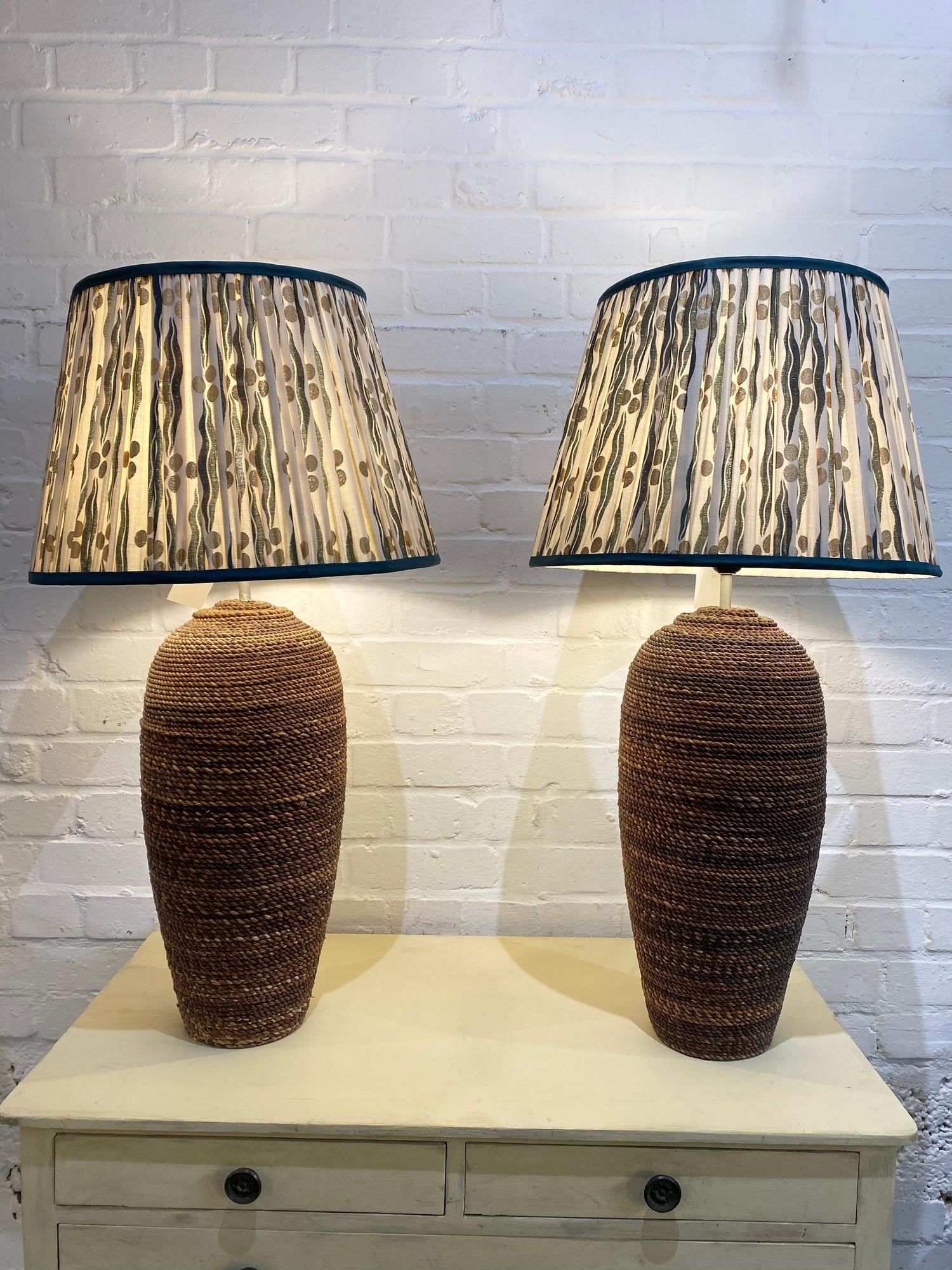 RATTAN TABLE LAMPS, a pair, with Pooky Empire shades, 87cm H. (2) - Image 2 of 4