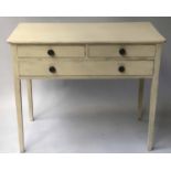 SIDE TABLE, 19th century painted pine with three drawers, 92cm W x 76cm H.