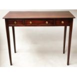 WRITING TABLE, 19th century figured mahogany with three frieze drawers, 106cm x 50cm x 83cm H.
