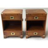 CAMPAIGN STYLE BEDSIDE CHESTS, a pair, mahogany and brass bound, each with two drawers and open
