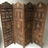 SCREEN, Indian four fold teak and bone inlaid with intricate pierced panels, 190cm H x 50cm D each