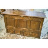 MULE CHEST, late 17th/early 18th century oak with hinged top and two drawers 77cm H x 133cm x