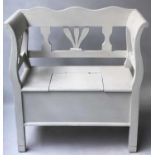 HALL SETTLE, vintage Swedish style traditionally grey painted with leaf back, 86cm W.