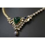 A DIAMOND AND CABOCHON EMERALD NECKLACE, the collet set brilliant cut diamonds mounted in eighteen