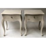 BEDSIDE/LAMP TABLES, a pair, Louis XV style grey painted, each with a drawer, 52cm x 64cm H x