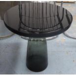 OCCASIONAL TABLE, circular, with a black glass top and smoked glass base, 50cm W x 54cm H.