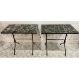 CONSOLE TABLES, a pair, mid 20th century French wrought iron with terrazzo and verde antico marble
