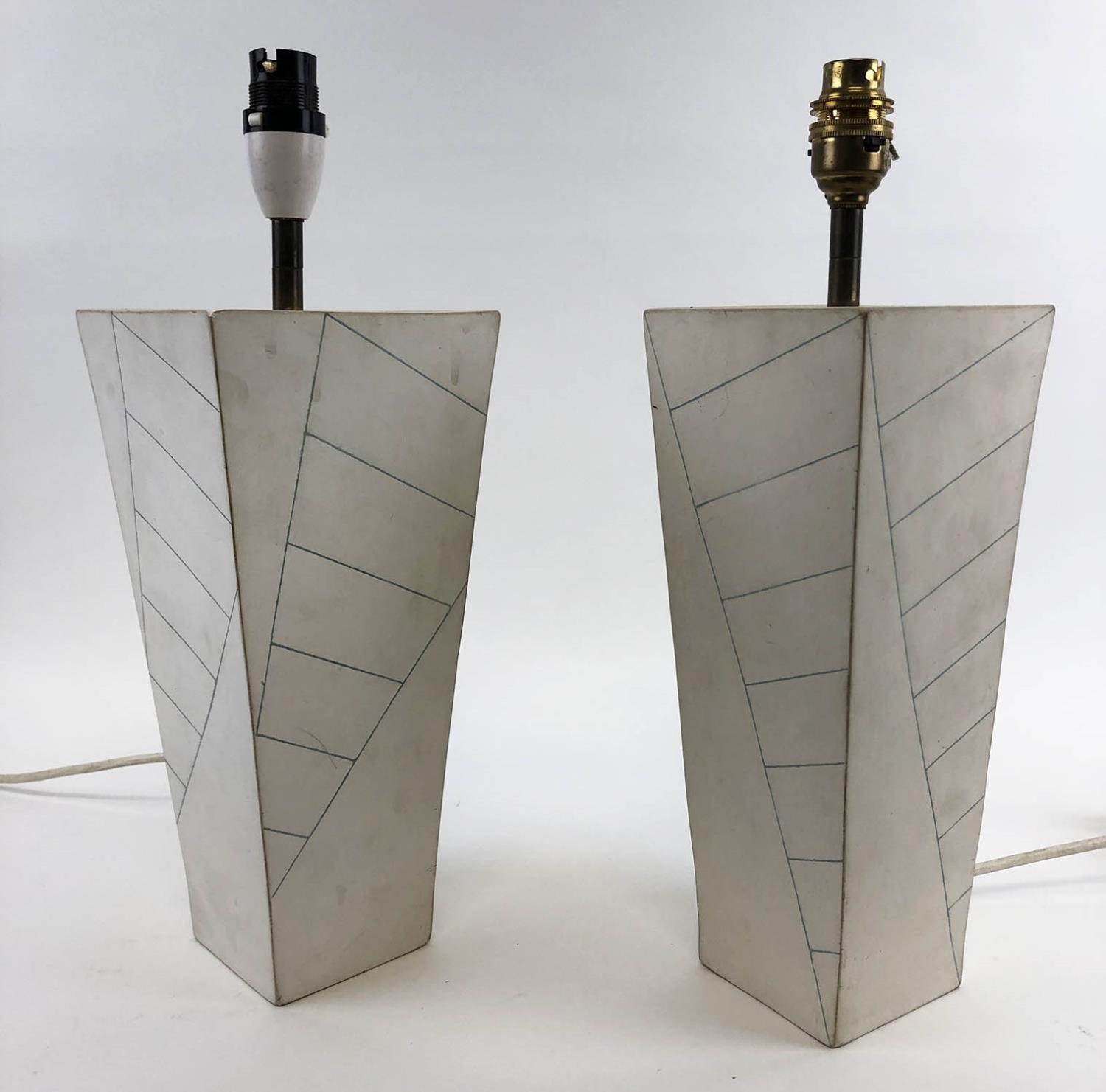STUDIO POTTERY TABLE LAMPS, possibly John Benning, grey ceramic with darker lines of square tapering