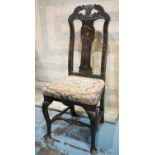 SIDE CHAIR, Queen Anne circa 1710 with a Japanned decorated splat back and a tapestry patterned seat