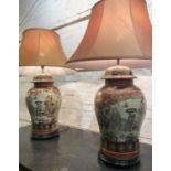 TEMPLE JAR LAMPS, a pair, Chinese hand painted ceramic with carved hardwood bases and shades, 80cm